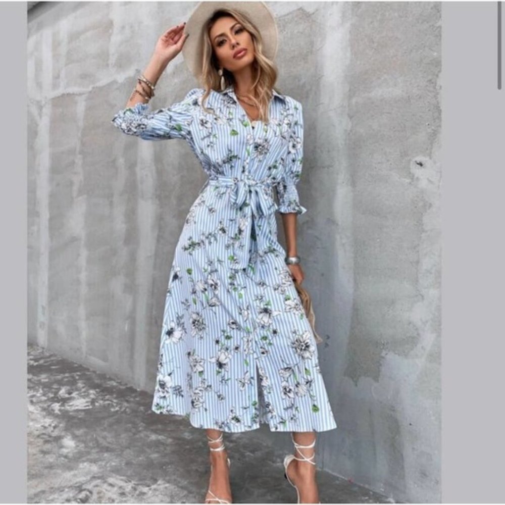 Striped Blue Floral Tie-Waist Midi Dress